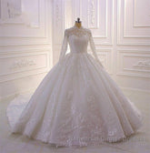 Long High neck Appliques Lace Ball Gown Wedding Dresses with Sleeves